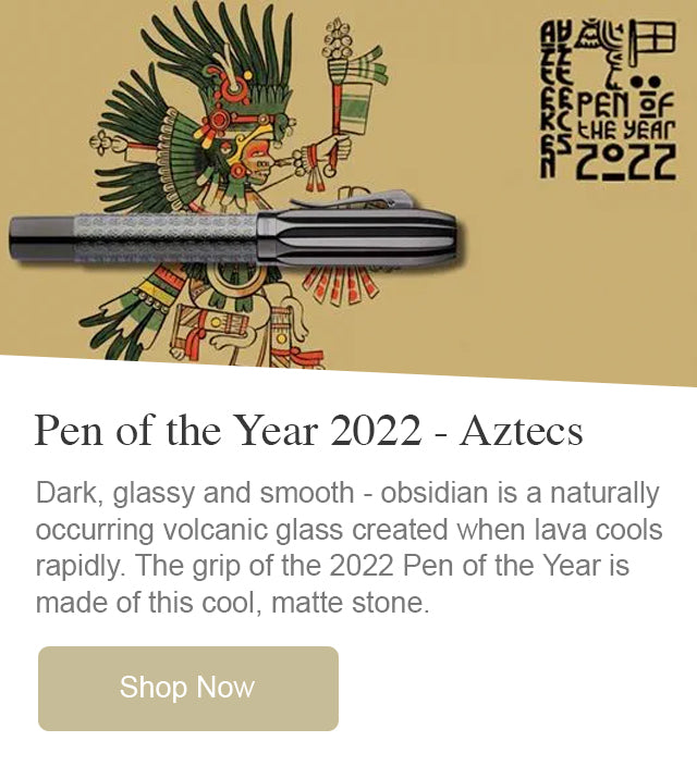 Pen of the Year 2022 - Aztecs: Dark, glassy and smooth - obsidian is a naturally occurring volcanic glass created when lava cools rapidly. The grip of the 2022 Pen of the Year is made of this cool, matte stone.